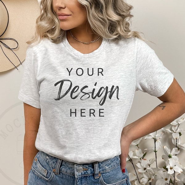 Bella Canvas 3001 Mock, Ash Grey Tshirt Mockup, Styled Shirt Mockup, Spring Mockup, Womens Tee Mock, Ash T-Shirt Mockup, Light Gray Shirt