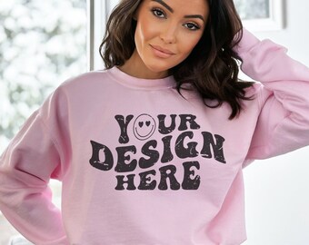 Gildan 18000 Light Pink Mockup, Gildan Sweatshirt Mockup | Sweatshirt Model Mockup | Pink Gildan Crewneck Mockups | Aesthetic 18000 Mockup
