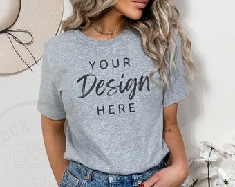 Athletic Heather Bella Canvas 3001, Tshirt Mockup, Heather Gray Shirt Mock, Fall Mockup, Model Mock, Grey T-Shirt Mockup, Grey Tshirt mock