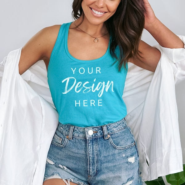 Next Level 1533 Mockup, Tahiti Blue Tank Top Mockup, Blue Next Level 1533, Racerback Tank Mock, Aqua Shirt Mockup, Racer Tank Model Mockup