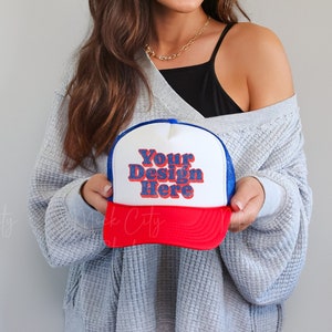 Foam Trucker Hat Mockup, Otto Cap Mockup, Red White & Blue Foam Cap Mockup, Mesh Trucker Hat Mockup