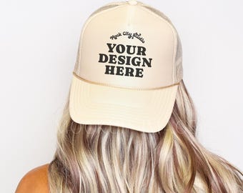 Tan Foam Trucker Hat Mockup, Otto Cap Mock up, Tan Baseball Hat Mockup, Mesh Trucker Cap Mockup