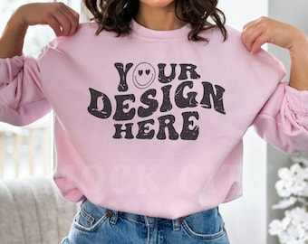 Gildan 18000 Light Pink Mockup, Gildan Sweatshirt Mockup | Sweatshirt Model Mockup | Pink Gildan Crewneck Mockups | Aesthetic 18000 Mockup