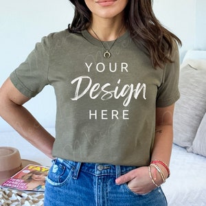 Bella Canvas 3001 Heather Olive Mockup, Tshirt Mockup, Bella Shirt ...