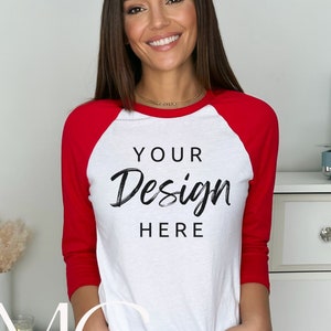 Bella Canvas 3200 Mockup, White/Red Raglan Shirt Mockup, Red Bella Canvas 3/4 Sleeve, Unisex Baseball T Shirt Mockup
