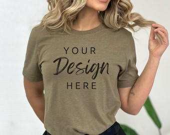 Bella Canvas 3001 Tシャツ モックアップ | ヘザーオリーブ Bella Canvas シャツ モックアップ | グリーンシャツ モックアップ | Tシャツ モックアップ | ティーモックアップ | モデル モックアップ