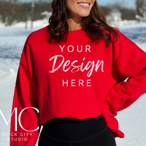 Gildan 18000 Mockup, Red Sweatshirt Mockup, Sweatshirt Model Mockup, Red 18000 Outdoor Mockup, Winter Mockup, Christmas Mockup image 1