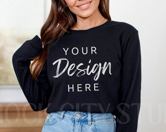 Black Long Sleeve Tshirt Bella Canvas 3501 Mockup, 3501 Tshirt Mockup, Model Bella Canvas 3501 Mocks, Model Mockup, Tee Mockup