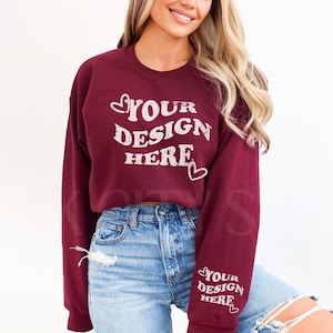 Gildan 18000-modell, rödbrun Gildan 18000-modell, Gildan-ärmmodell, modellmodell, tryck med rund halsringning