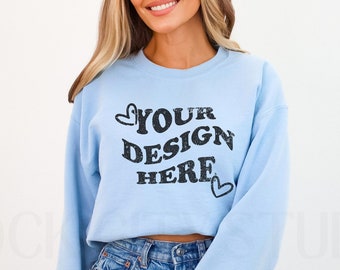 Gildan 18000 Mockup, Light Blue Gildan 18000 Mockup, Gildan Sleeve Mockup, Model Mockup, Crewneck Sleeve Print