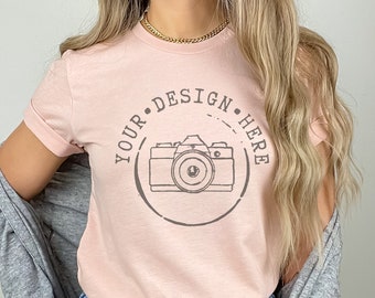 Bella Canvas 3001 mock-up | Mock-up T-shirt gemêleerd perzik (PNG)