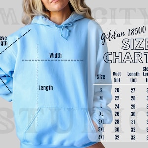Gildan 18500 Unisex Size Chart, Hoodie Size Chart, Gildan Hooded Sweatshirt Sizing Guide Mockup, Size Chart Mockup, Hoodie Size Guide Chart