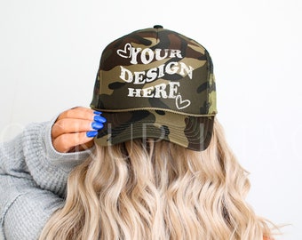 Camouflage Otto Foam Trucker Hat Mockup, Otto Cap Mock up, Dark Camo Baseball Hat Mockup, Mesh Snapback Trucker Cap Mockup