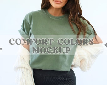 Moss Comfort Colors 1717 T-shirt Mockup, Comfort Kleuren T-shirt Mockup, Model Mockup, Unisex T-shirt Mockup, Mosgroen Trendy Mockup