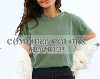 Moss Comfort Colors 1717 T-shirt Mockup, Comfort Kleuren T-shirt Mockup, Model Mockup, Unisex T-shirt Mockup, Mosgroen Trendy Mockup