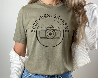 Bella Canvas 3001 Tシャツ モックアップ | ヘザーオリーブTシャツ (PNG)