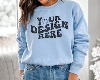 Gildan 18000 Light Blue Mockup, Gildan Sweatshirt Mockup | Sweatshirt Model Mockup | Blue Gildan Crewneck Mockups | Aesthetic 18000 Mockup