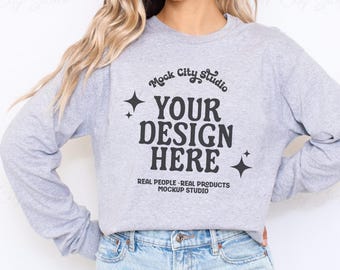 Gildan 2400 Sport Grey Long Sleeve Mockup, Gildan Long Sleeve Tee, Gildan 2400 Mockup, Gildan g240 Bundle, Unisex Cotton Long Sleeve Tee