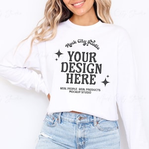 Gildan 2400 Weiß Langarm Mockup, Gildan Langarm T-Shirt, Gildan 2400 Mockup, Gildan g240 Bundle, Unisex Baumwolle Langarm T-Shirt