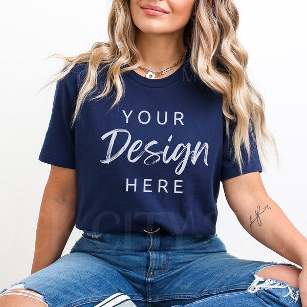 Bella Canvas 3001 TShirt Mockup, Navy Blue Tshirt Mock, Navy Blue Tee Mockup, Model Mockup, Summer Tee Mockup