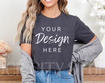 Heather Dark Grey Bella Canvas 3001 Mockup, Heather Dark Gray T-shirt Mockup, Model Shirt Mockup, Simple Shirt Mockups, Mockup TShirt
