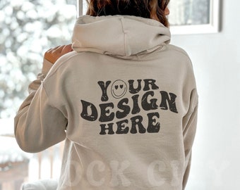 Gildan 18500 Sand Mockup | Gildan Back of Hoodie Mockup | Hooded Sweatshirt Backside Mockup | Sand Gildan 18500 Oversized  Mockup