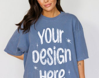 Comfort Colors C1717 Blue Jean Shirt Mockup, Oversized Mockup, Blue Jean Tshirt Mockup, Comfort Colors Model Mockup