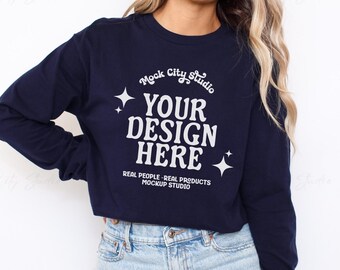 Gildan 2400 Navy Blue Long Sleeve Mockup, Gildan Long Sleeve Tee, Gildan 2400 Mockup, Gildan g240 Bundle, Unisex Cotton Long Sleeve Tee