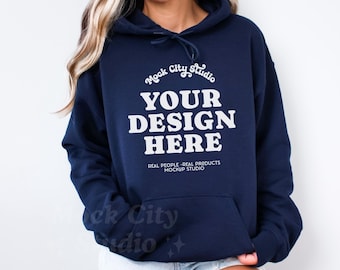 Gildan 18500 Navy Hoodie Mockup, Gildan Hoodie Mockup, Navy Blue Hooded Sweatshirt Mockup, Model Mockup, oversized mockup