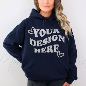 Gildan 18500 Navy Hoodie Mockup, Gildan Hoodie Mockup, Navy Blue Hooded Sweatshirt Mockup, Model Mockup, oversized mockup