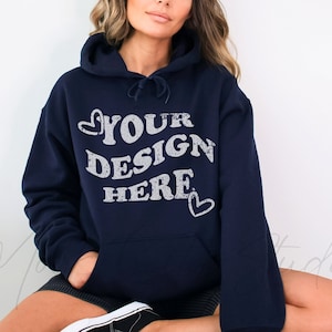 Gildan 18500 Navy Hoodie Mockup, Gildan Hoodie Mockup, Navy Blue Hooded Sweatshirt Mockup, Model Mockup, oversized mockup