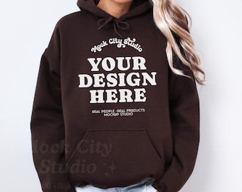 Gildan 18500 Dark Chocolate Hoodie Mockup, Gildan Hoodie Mockup, Dark Brown Hooded Sweatshirt Mockup, Model Mockup, oversized Hooded mockup