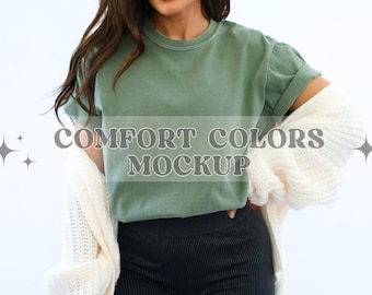 Moss Comfort Colors 1717 T-shirt Mockup, Comfort Kleuren T-shirt Mockup, Model Mockup, Unisex T-shirt Mockup, Mosgroen Trendy Mockup