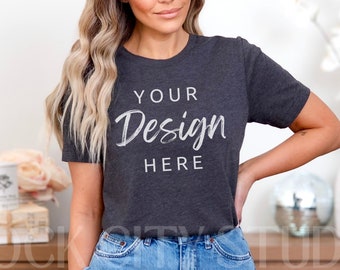 Heather Dark Grey Bella Canvas 3001 Mockup, Heather Dark Gray T-shirt Mockup, Model Shirt Mockup, Simple Shirt Mockups, Mockup TShirt