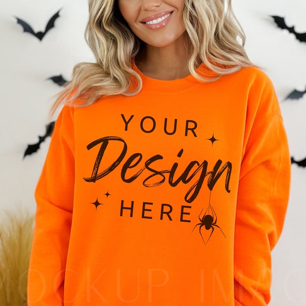 Gildan Orange 18000 Sweatshirt Mockup - Sweatshirt Mockup - Heavy Blend Gildan - Model Mockup - Fall Mockup - Halloween Mockup - Autumn