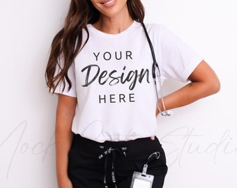 White Nurse Bella Canvas 3001 Mockup, Nurse Tshirt Mockup, White TShirt Mock, Doctor Tshirt Mockup, Medical Field, CNA, Scrubs Mockup