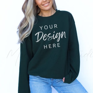 Gildan 18000 Mockup | Gildan Forest Green Sweatshirt Mockup | Sweatshirt Model Mockup | Simple Mockup | Forest Gildan Oversized Crewneck