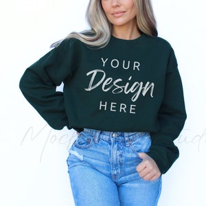 Gildan 18000 Mockup | Gildan Forest Green Sweatshirt Mockup | Sweatshirt Model Mockup | Simple Mockup | Forest Gildan Oversized Crewneck