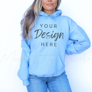 Gildan 18500 Light Blue Hoodie Mockup, Gildan Hoodie Mock up Light Blue Hooded Sweatshirt Mockup Model Mockup Styled Mockup