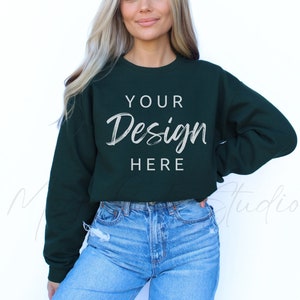 Gildan 18000 Mockup | Gildan Forest Green Sweatshirt Mockup | Sweatshirt Model Mockup | Simple Mockup | Forest Gildan Oversized Crewneck