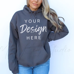 Gildan 18500 Charcoal Hoodie Mockup, Gildan Hoodie Mock up Charcoal Grey Hooded Sweatshirt Mockup Model Mockup Styled Mockup