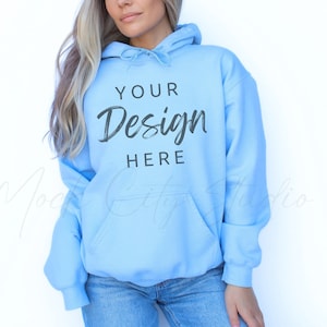 Gildan 18500 Light Blue Hoodie Mockup, Gildan Hoodie Mock up Light Blue Hooded Sweatshirt Mockup Model Mockup Styled Mockup