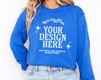 Gildan 2400 Royal Blue Long Sleeve Mockup, Gildan Long Sleeve Tee, Gildan 2400 Mockup, Gildan g240 Bundle, Unisex Cotton Long Sleeve Tee