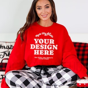 Gildan 18000 Red Christmas Sweatshirt Mockup, Red Heavy Blend Crewneck Mockup, Real Model Mockup, Holiday Xmas Mockup