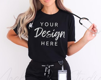 Schwarze Bella Canvas Krankenschwester Mockup, Krankenschwester Tshirt Mockup, weißes TShirt Mockup, Doktor Tshirt Mockup, Medizinisches Feld, CNA, Krankenhaus Scrubs Mockup