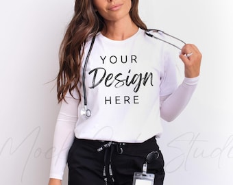White Nurse Bella Canvas 3001 Mockup, Nurse Tshirt Mockup, White TShirt Mock, Doctor Tshirt Mockup, Medical Field, CNA, Scrubs Mockup