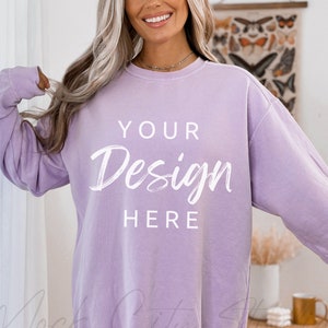Comfort Colors 1566 Orchid Mockup, Comfort Colors Sweatshirt Mockup, Orchid Crewneck Purple
