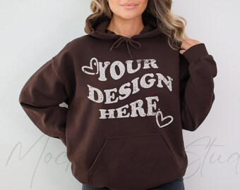 Gildan 18500 Dark Chocolate Hoodie Mockup, Gildan Hoodie Mockup, Dark Brown Hooded Sweatshirt Mockup, Model Mockup, oversized Hooded mockup