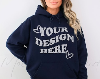 Gildan 18500 Navy Hoodie Mockup, Gildan Hoodie Mockup, Navy Blue Hooded Sweatshirt Mockup, Model Mockup, oversized mockup