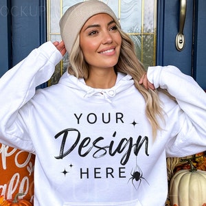 Gildan 18500 Hooded Sweatshirt Mockup - White Hoodie Mockup - Heavy Blend - Model Mockup - Fall Mockup - Halloween Mockup - Autumn image 1
